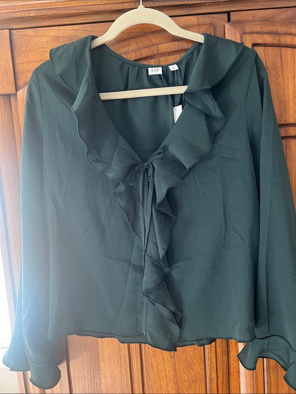 GAP Dark Green Ruffle button down with Tie-Front Blouse